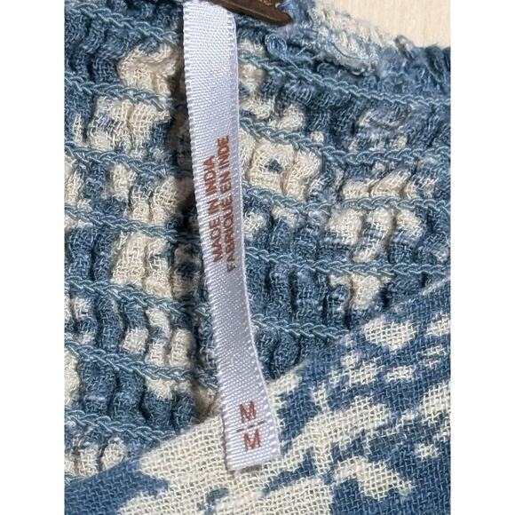 Free People Blue Cream Floral Smocked Puff Sleeve Midi Dress Women’s Medium Boho - Picture 6 of 13